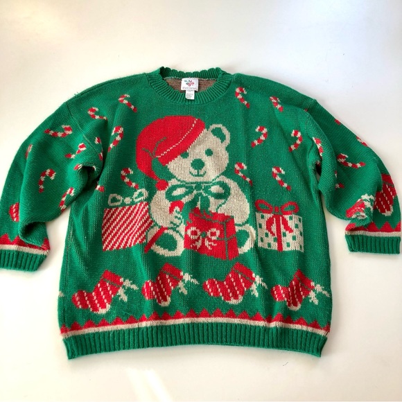 Vintage Nutcracker Green Teddy Bear Santa Patterned Christmas Sweater Size 24W - Picture 4 of 13